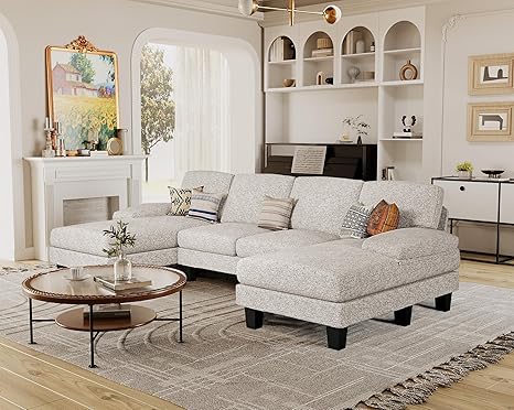 U-Shaped Sectional Sofa with Linen Fabric and Double Chaise