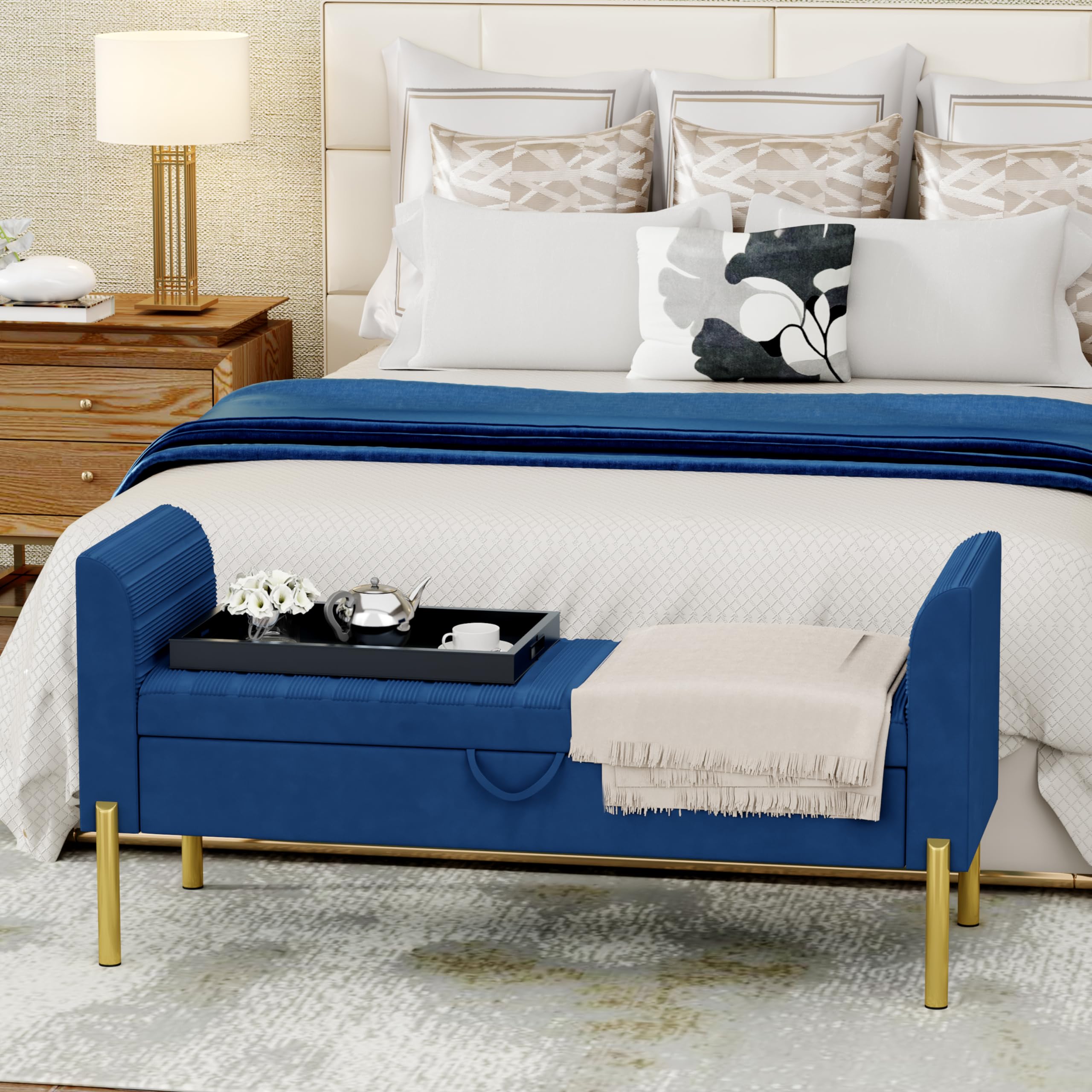 Blue Velvet Storage Bench with Metal Frame