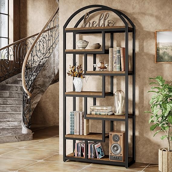 71" Tall Arched Bookshelf Industrial Etagere with Open Display Shelves