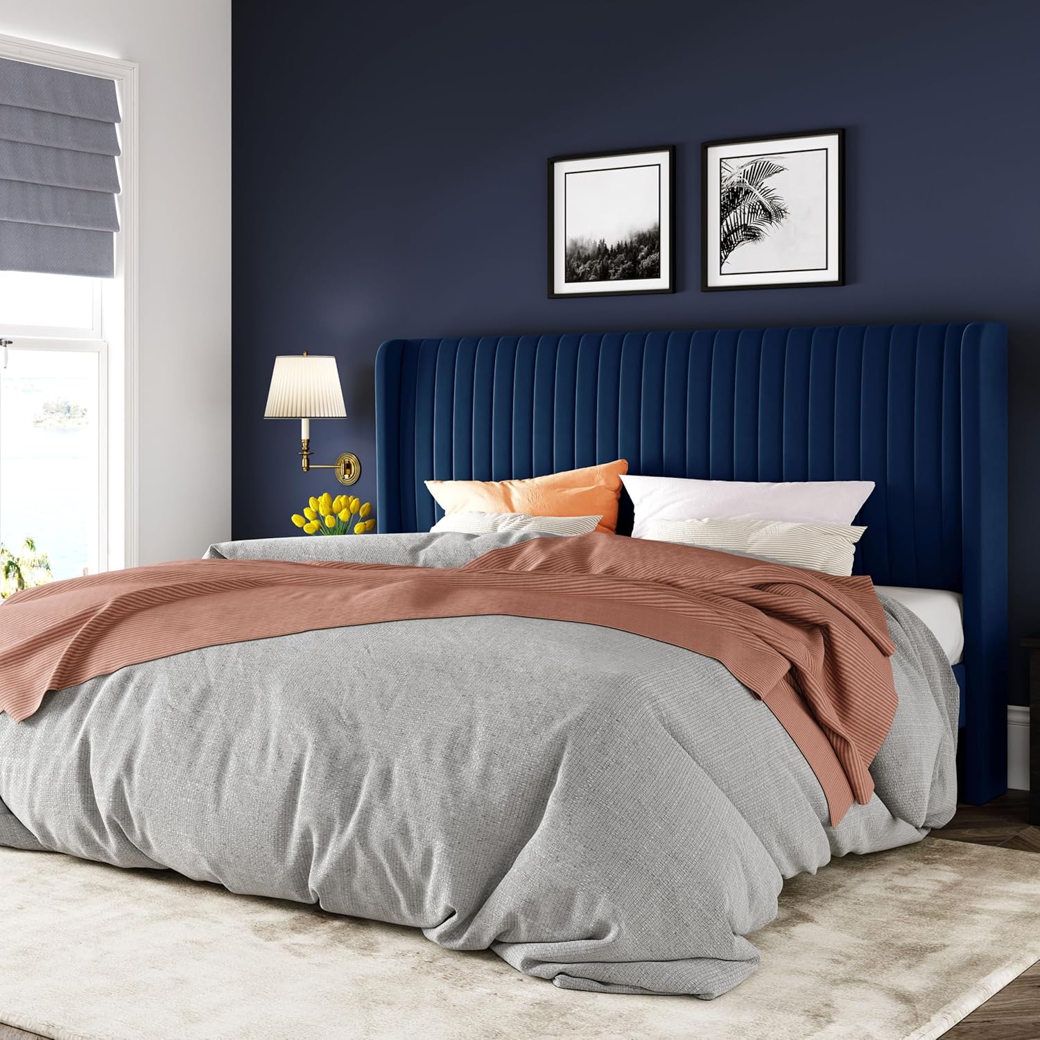 Queen Size Velvet Platform Bed Frame with Tufted Wingback Headboard