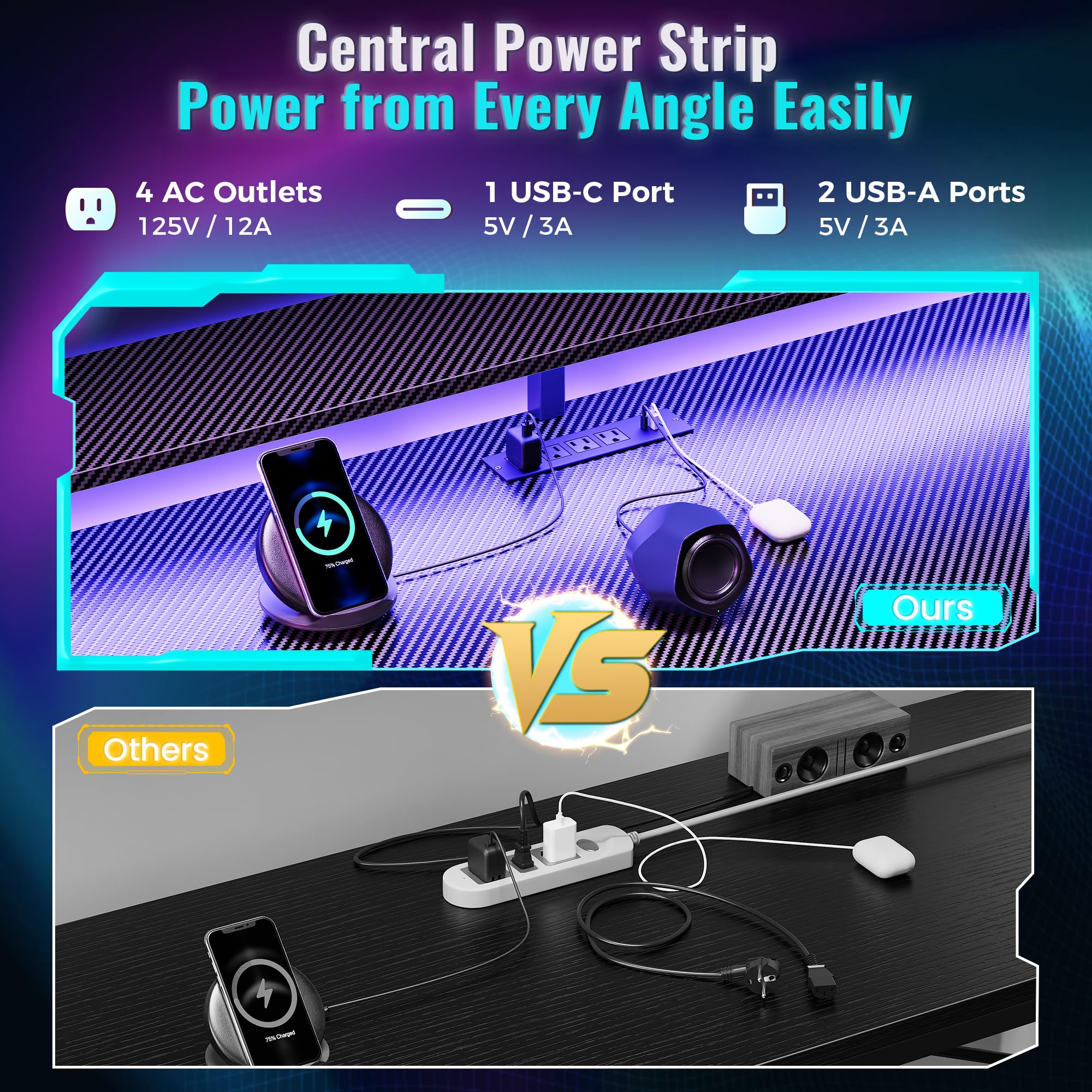 61.7" Gaming Desk with LED Lights and Outlets
