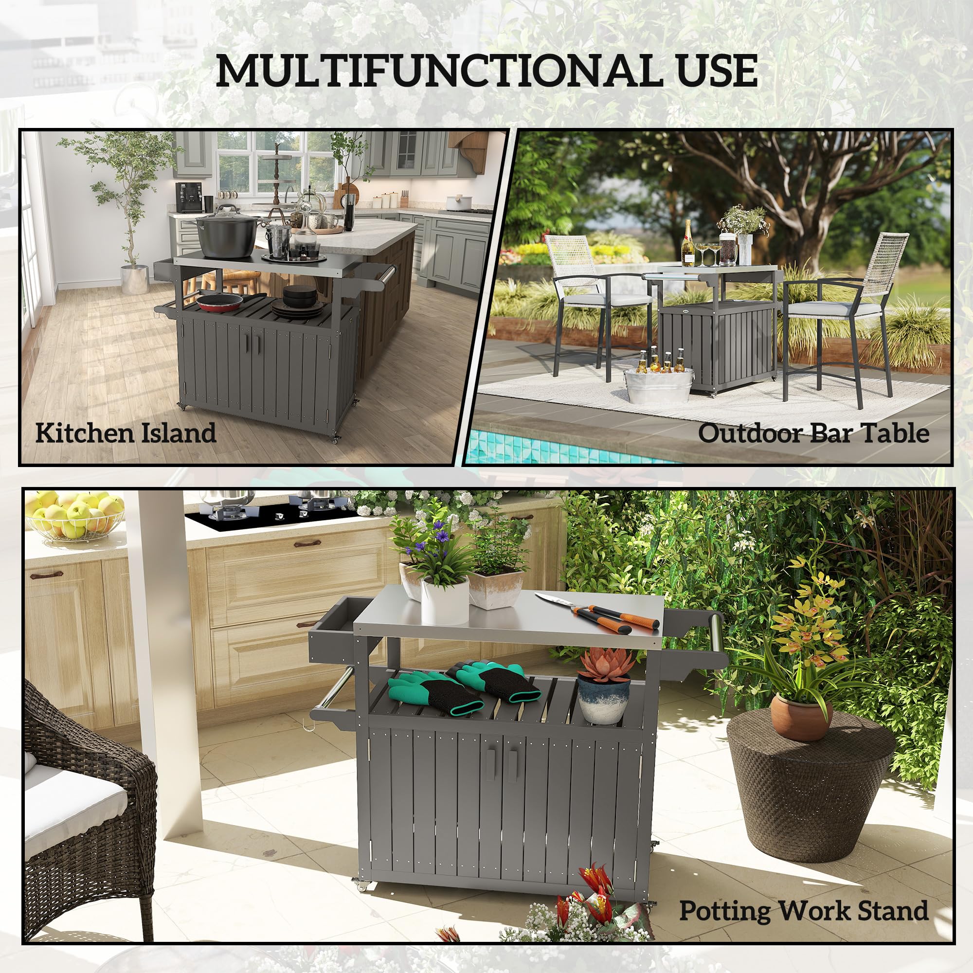 Outdoor Bar Cart with Storage Cabinet and Stainless Steel Top
