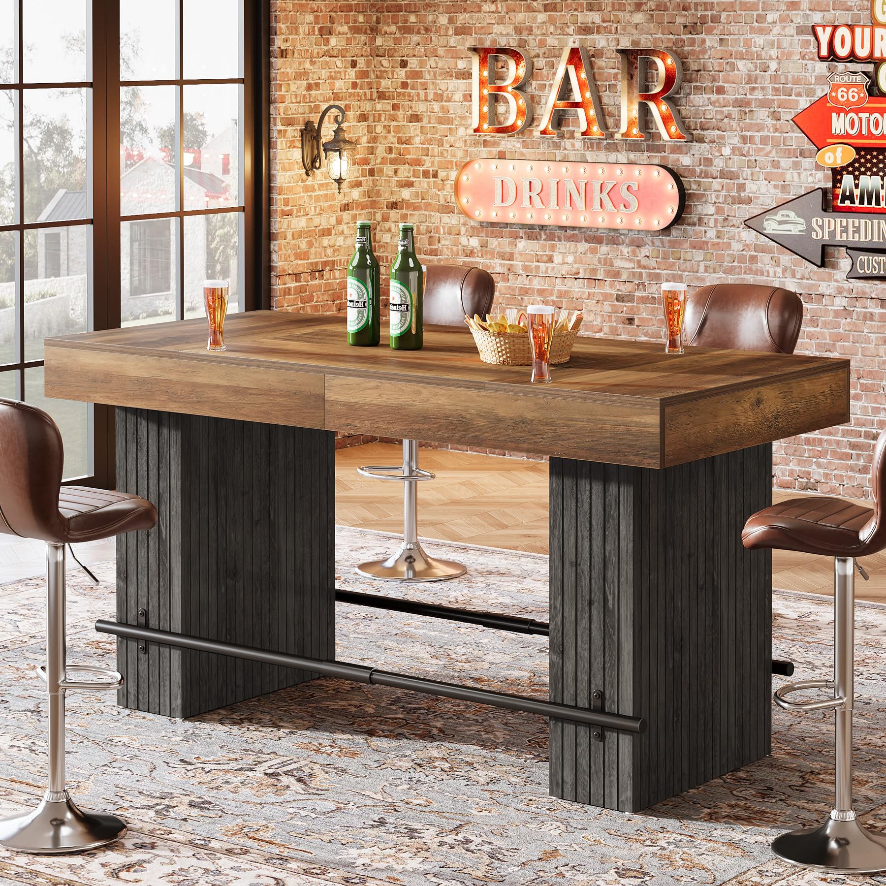 Industrial Counter Height Bar Table with Metal Footrest