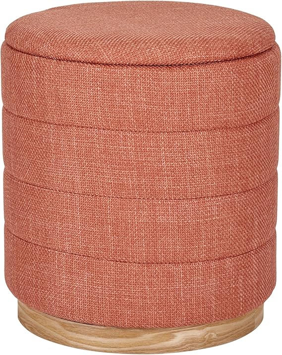 Round Ottoman with Storage - Dark Blue Linen Upholstered Footrest