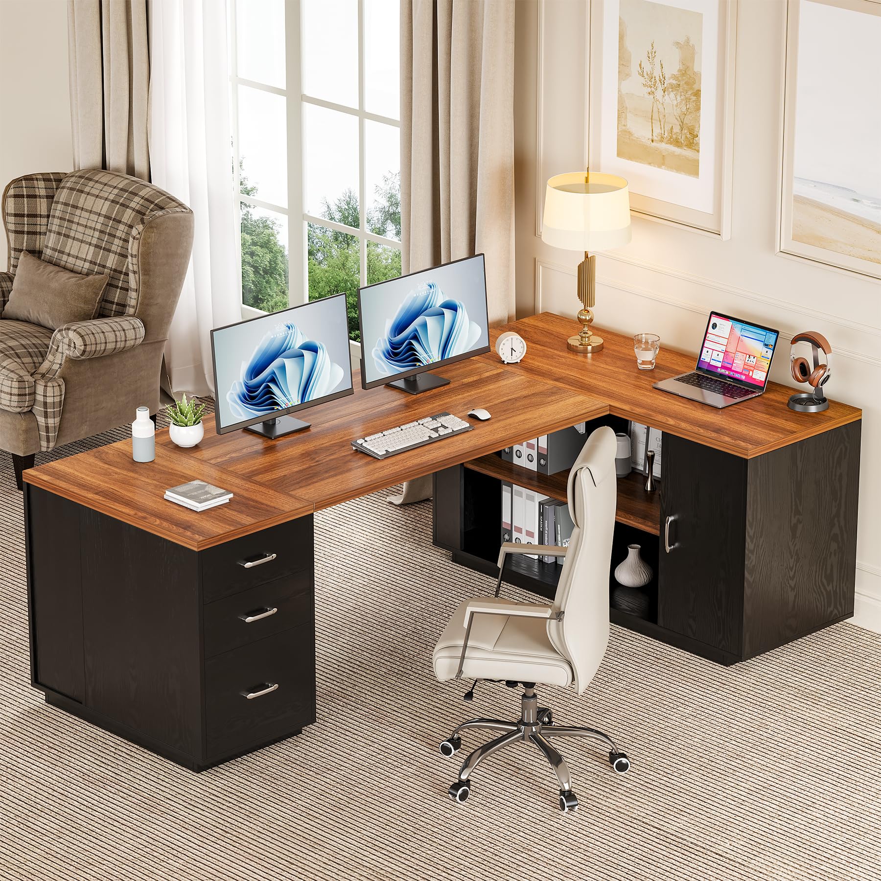 87-Inch Modern Executive Desk with File Cabinet