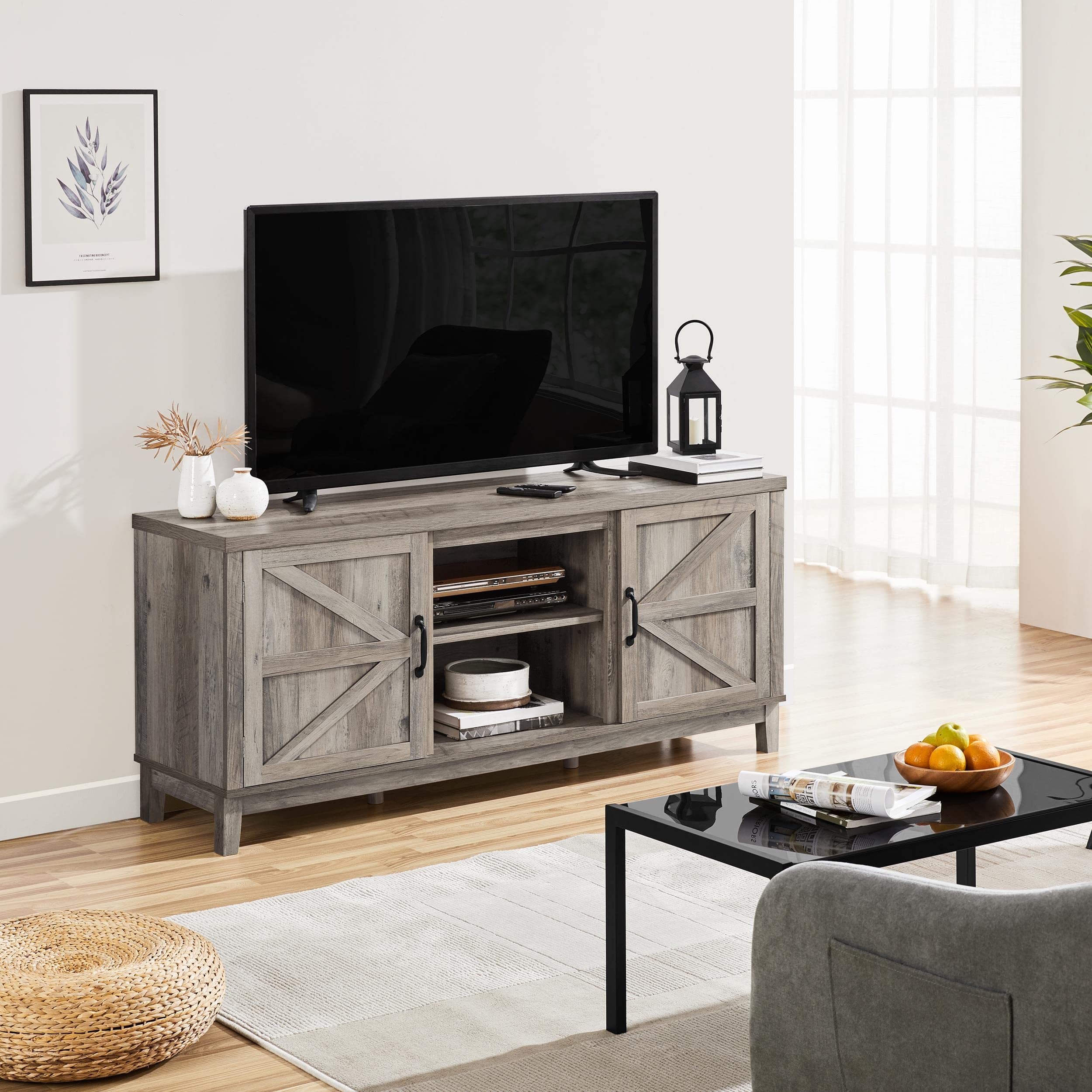 Farmhouse TV Console Table with Double Barn Doors