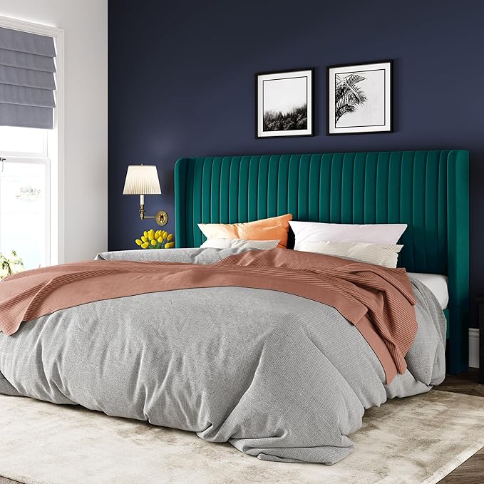 Queen Size Velvet Platform Bed Frame with Tufted Wingback Headboard