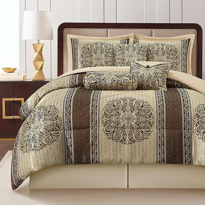 California King Comforter Set Navy Medallion Jacquard 7 Piece
