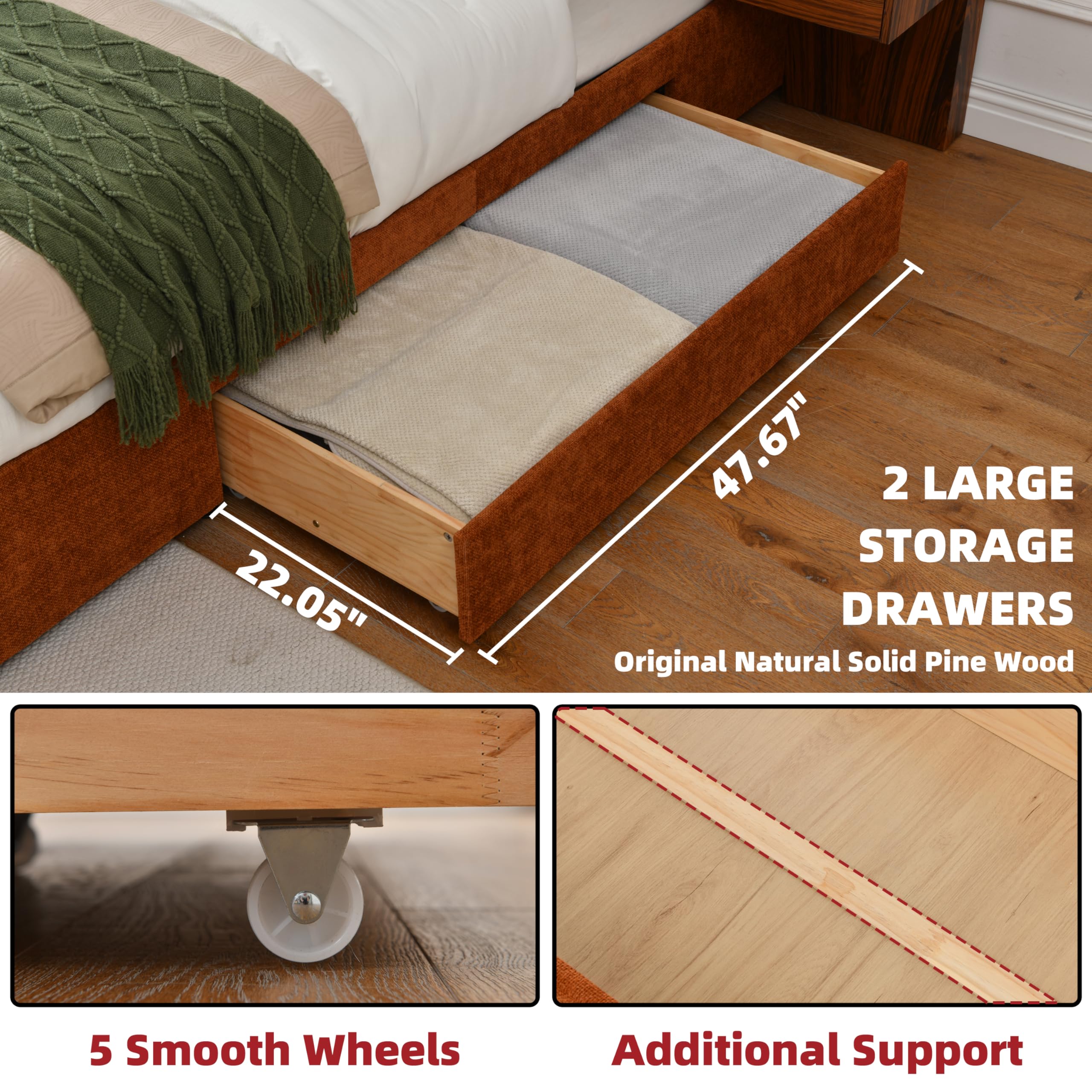 King Bed Frame with Nightstands and Storage Drawers