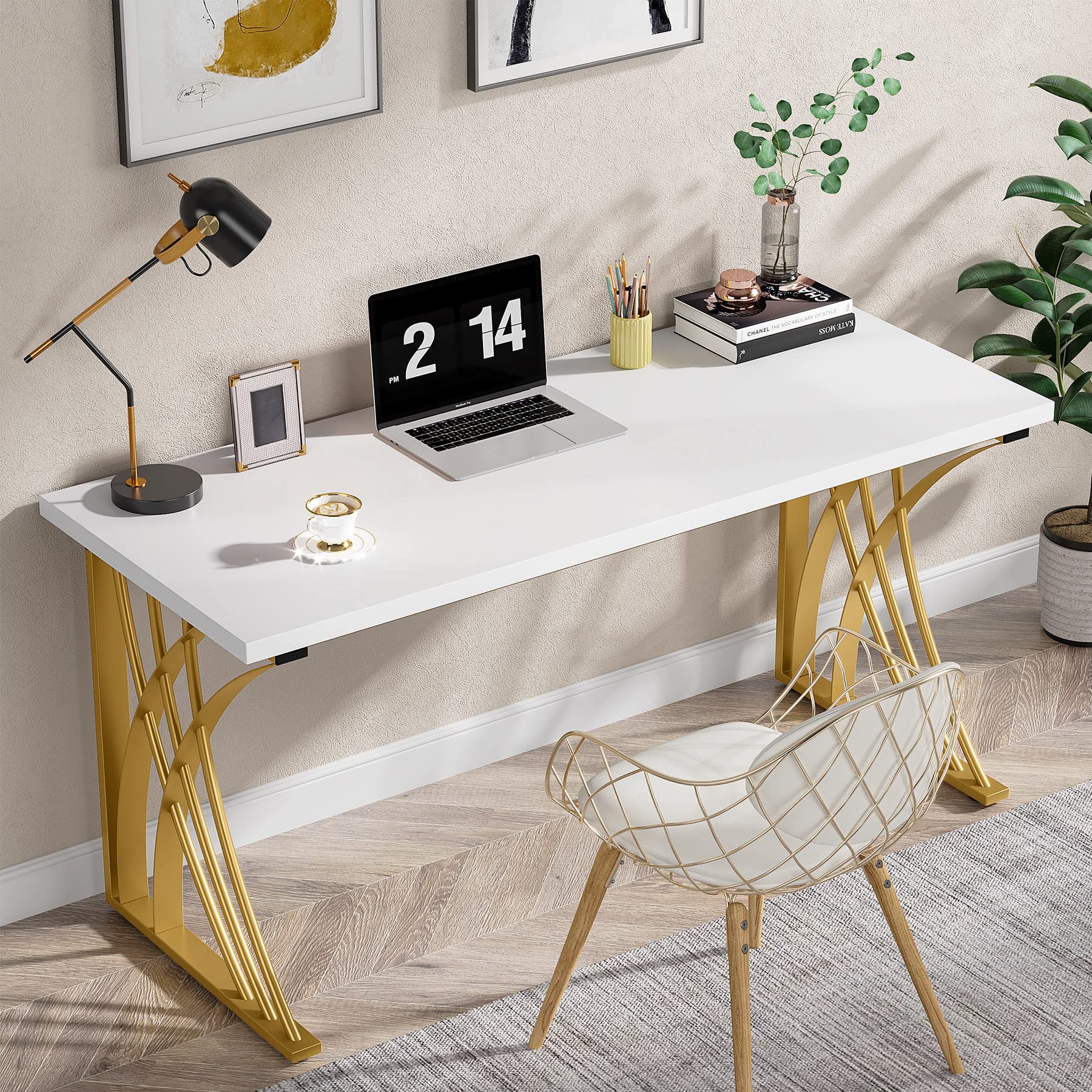 55" Modern Computer Desk White & Gold