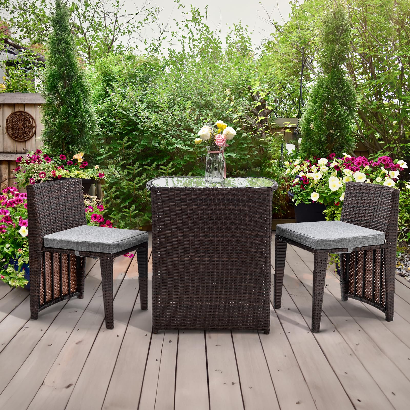 3 Piece Wicker Outdoor Patio Bistro Set with Glass Top Table