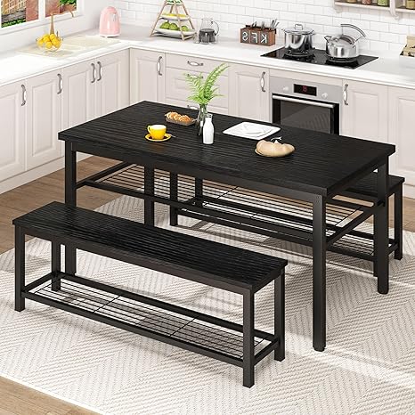 3-Piece Dining Table Set with Storage Benches