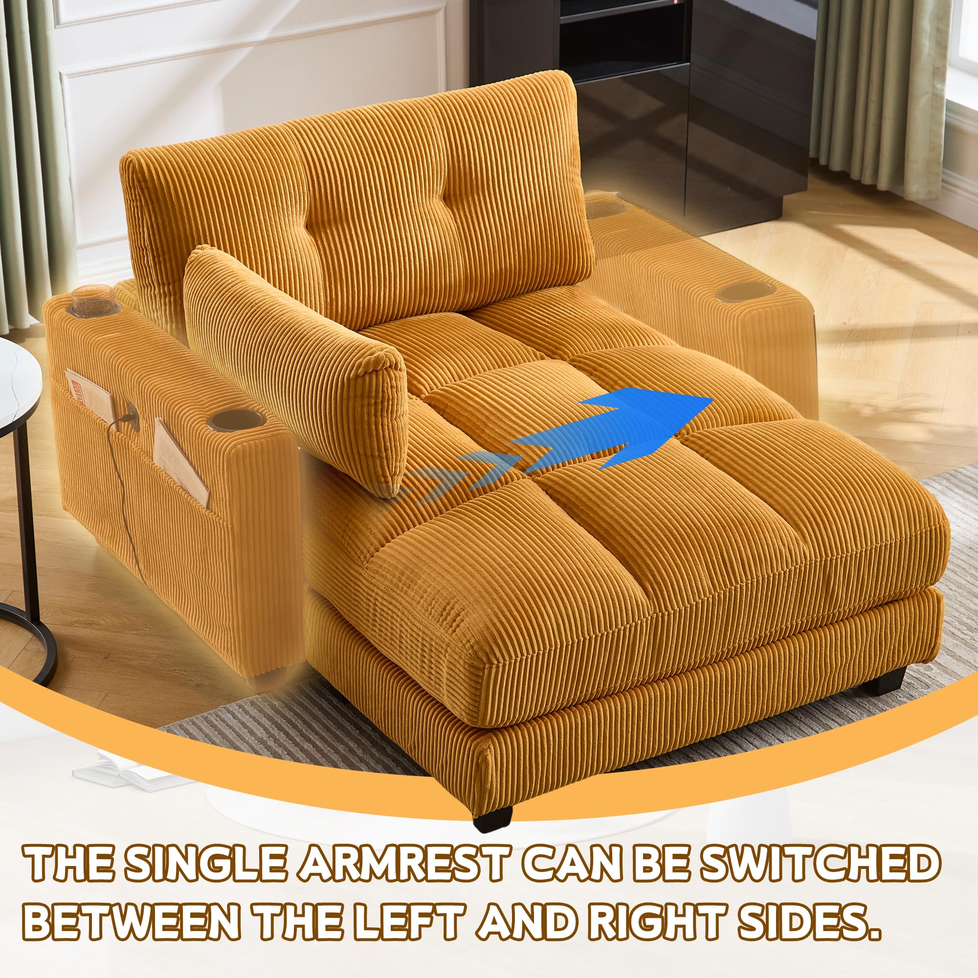 Oversized Double Chaise Lounge Cloud Couch with USB & Cup Holders