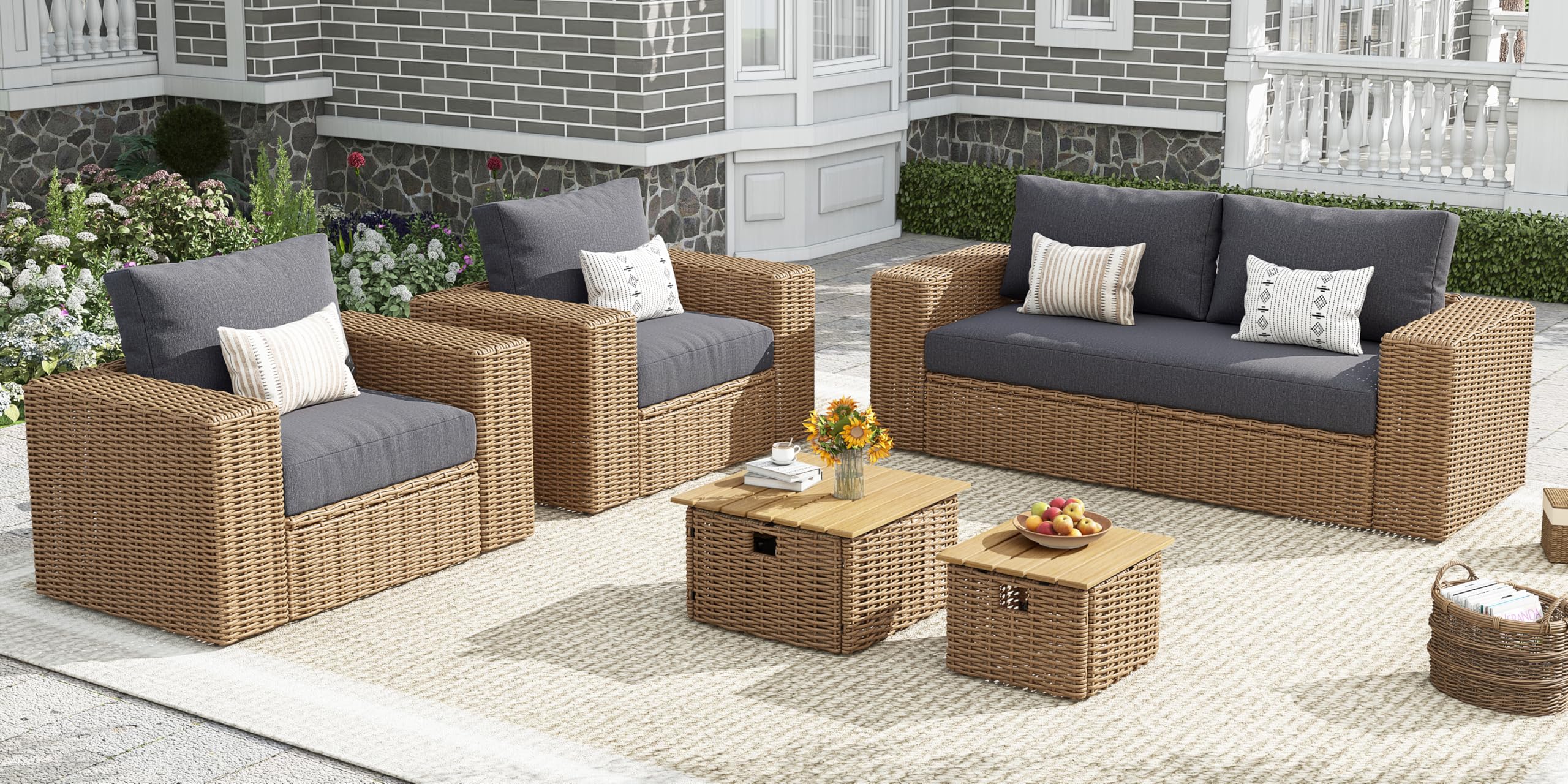 6-Piece Patio Sofa Set with Convertible Coffee Table