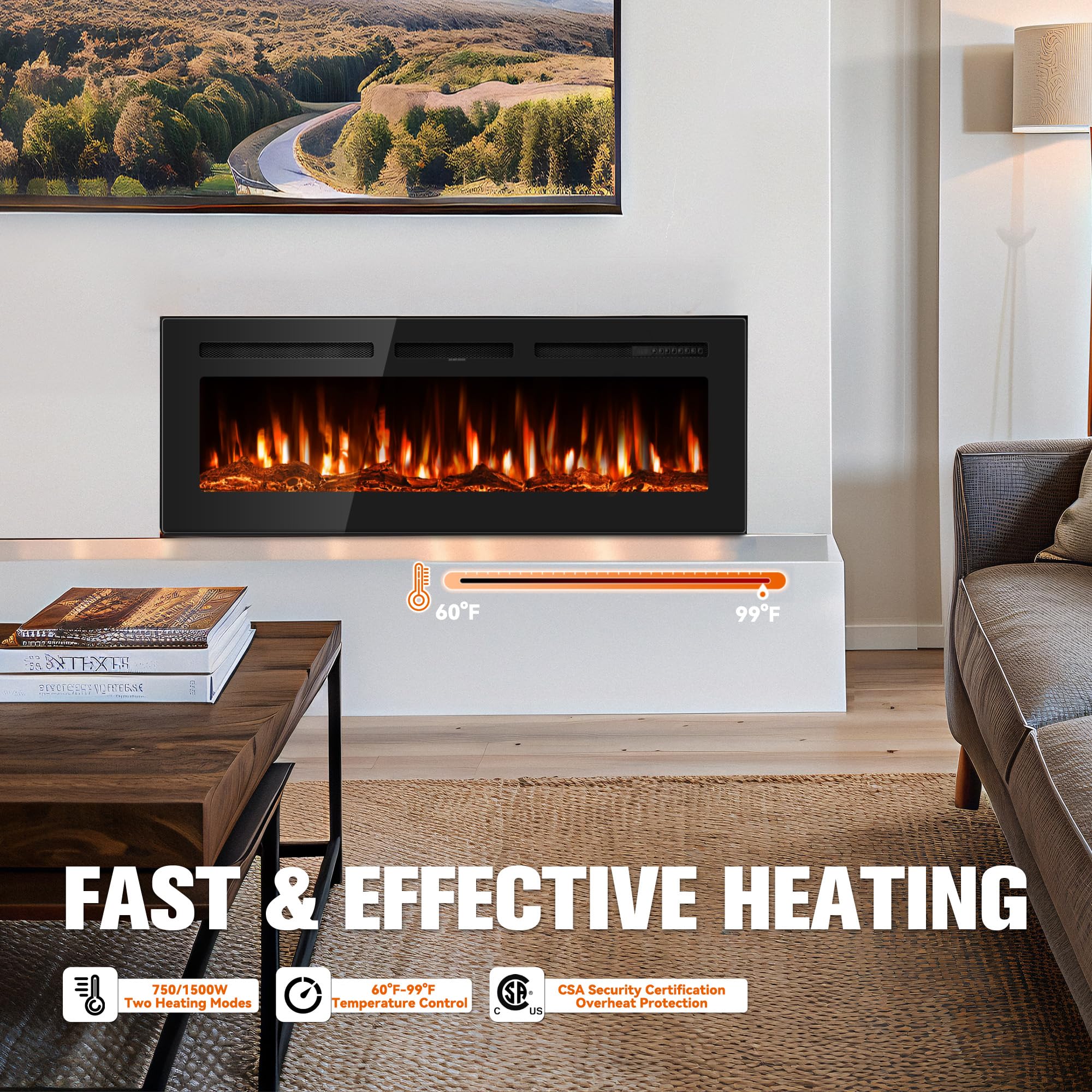 60 Inch Electric Fireplace Recessed Wall Mount