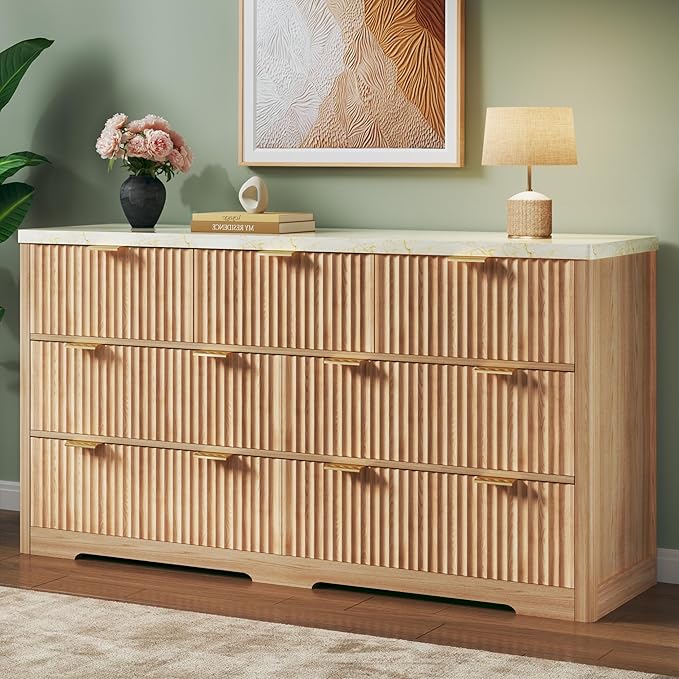 9 Drawer Fluted Dresser with Faux Marble Top