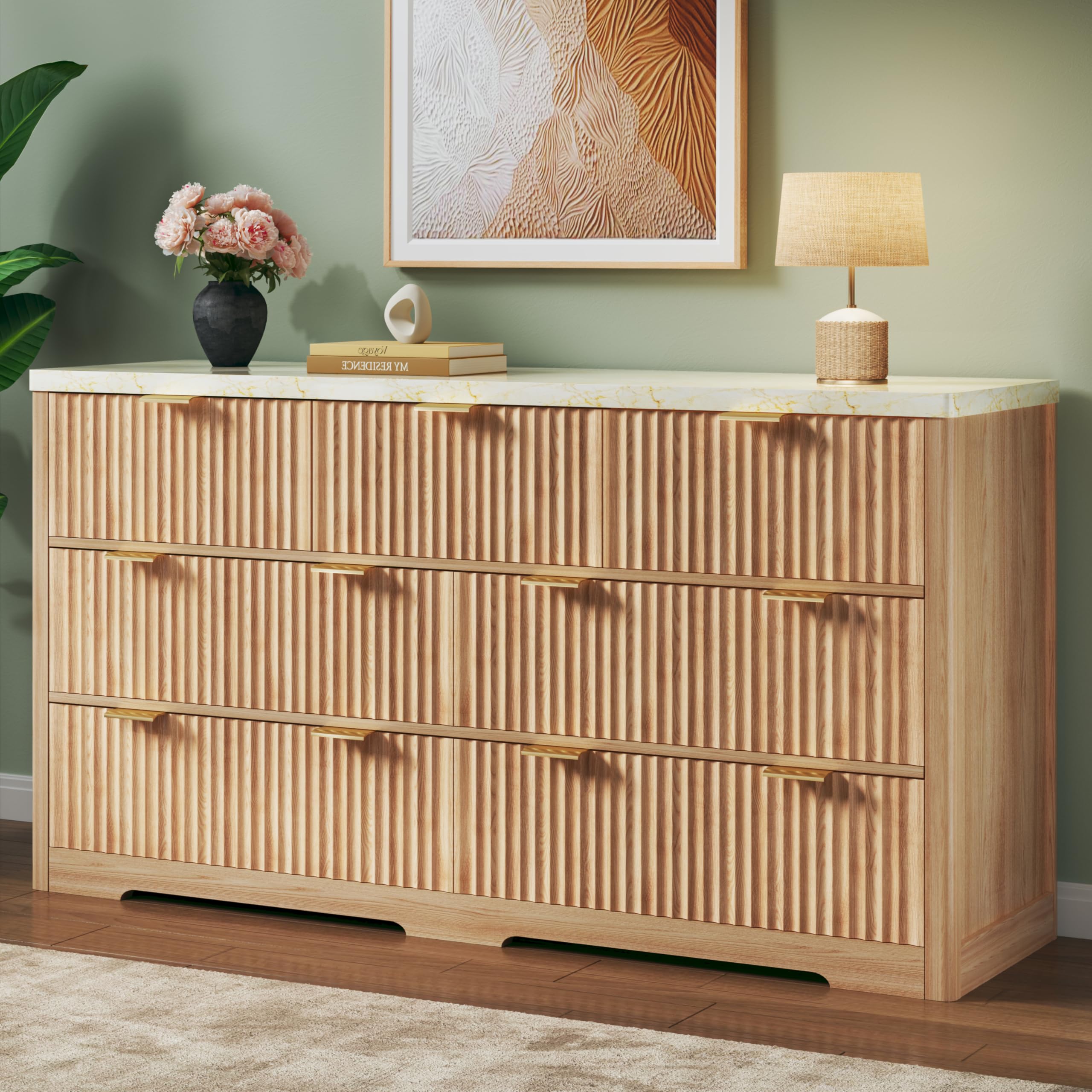 7-Drawer Fluted Dresser with Faux Marble Top