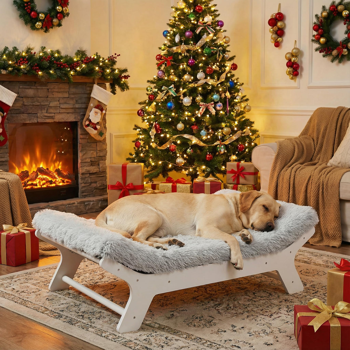 Elevated Dog Bed with Wooden Frame and Washable Mattress - XL