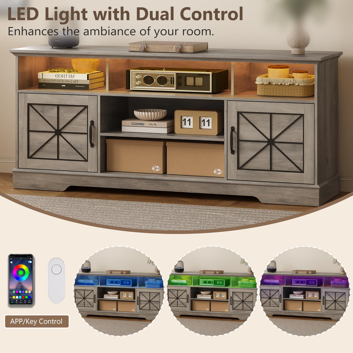 59 Inch TV Stand with RGB LED Lights and Storage Cabinets