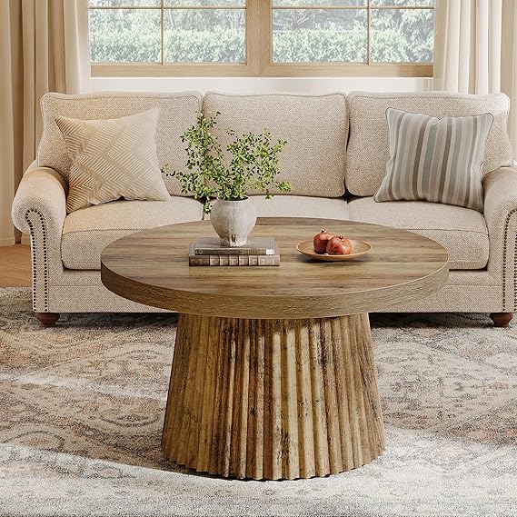 31.5" Round Coffee Table with Fluted Drum Base