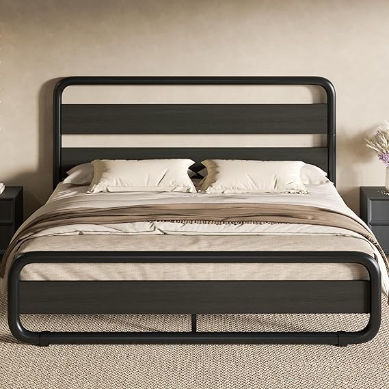 Full Size Metal Bed Frame with Wooden Headboard