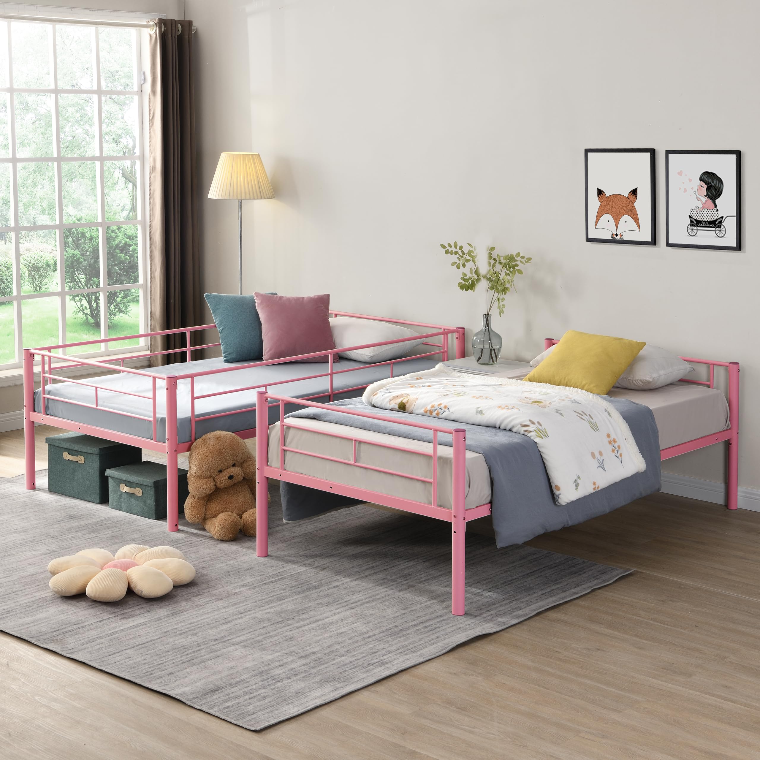 Twin Over Twin Metal Bunk Bed with Ladder and Guardrail - Pink
