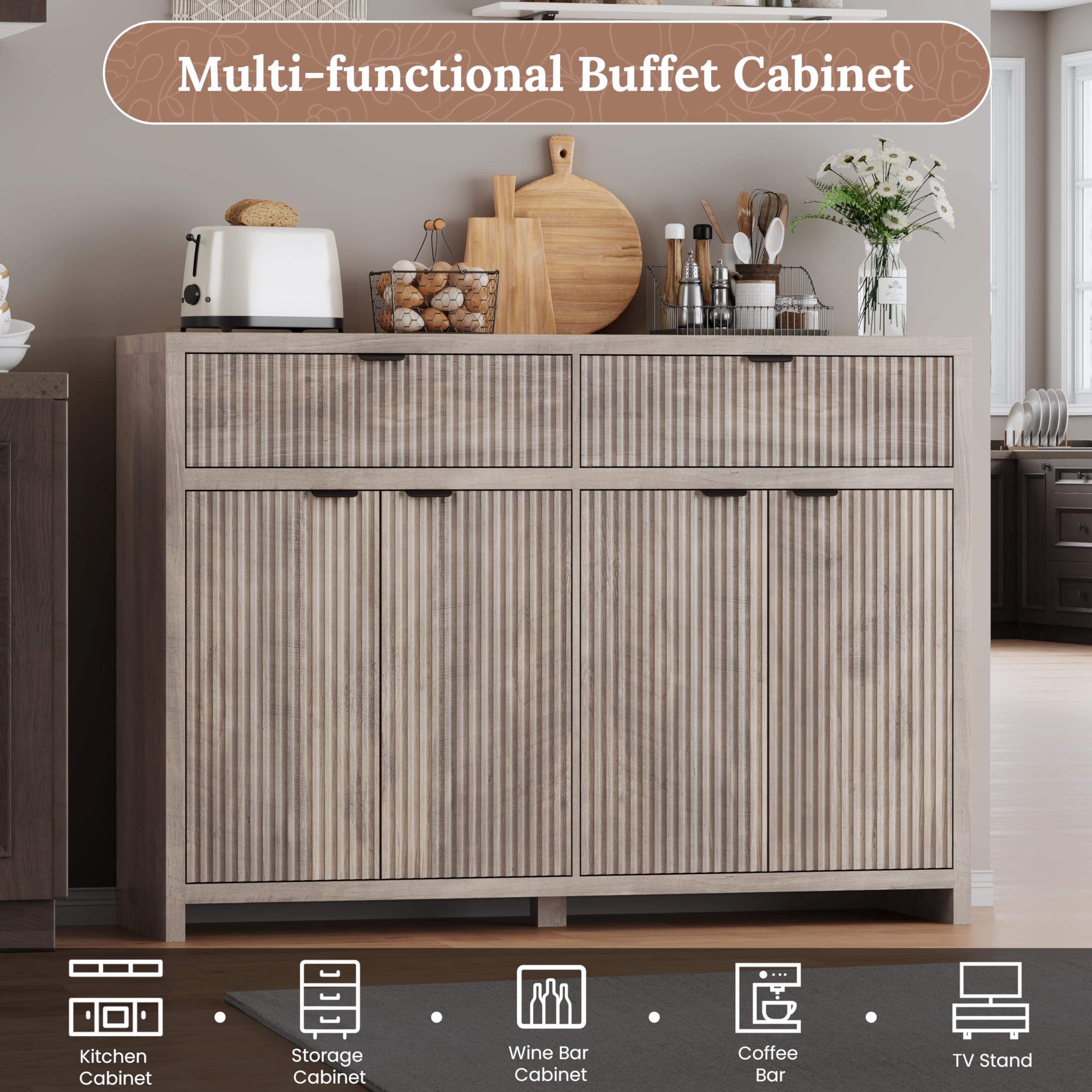 Fluted Sideboard Buffet Cabinet with Storage Drawers