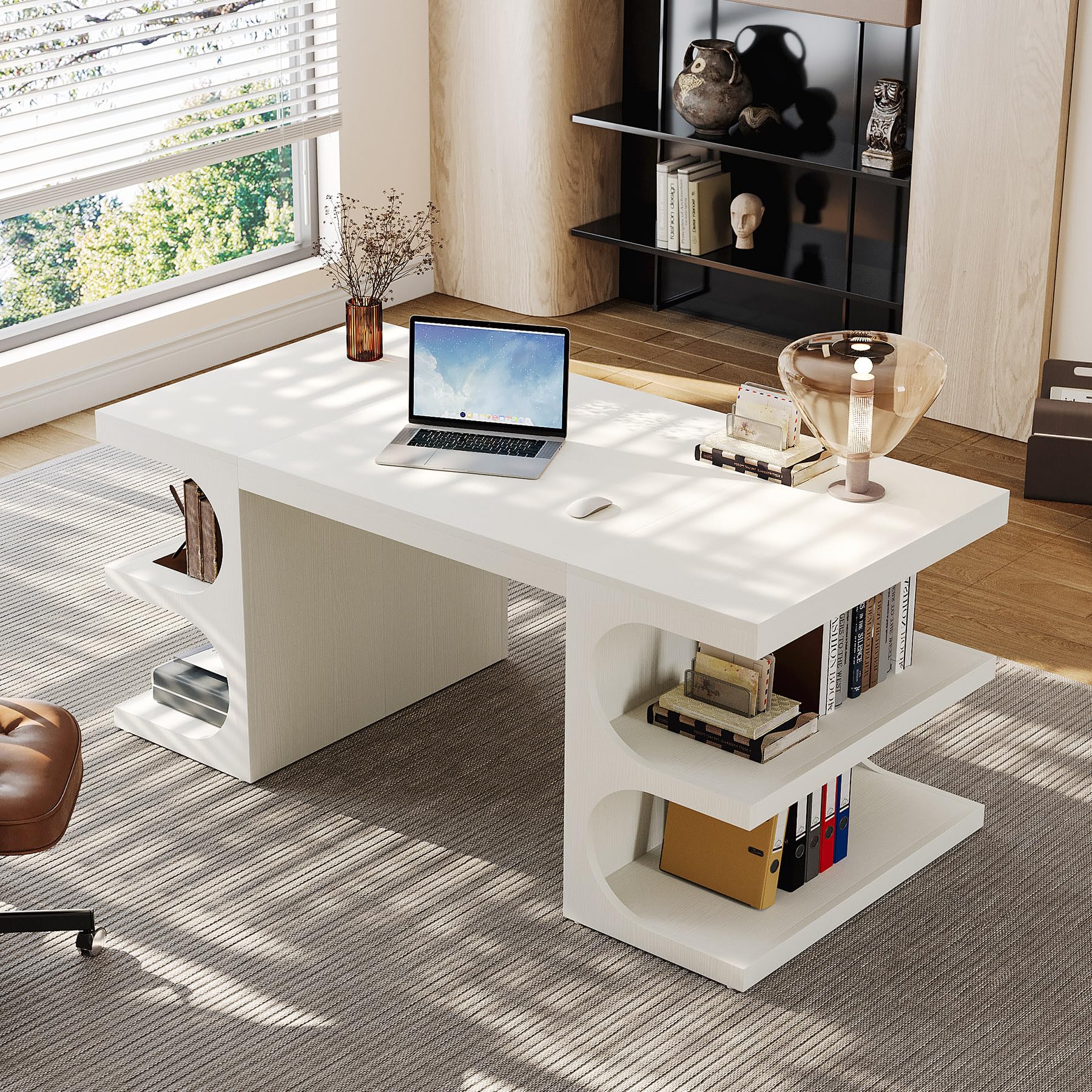 63 Inch White Executive Office Desk with Storage Shelves