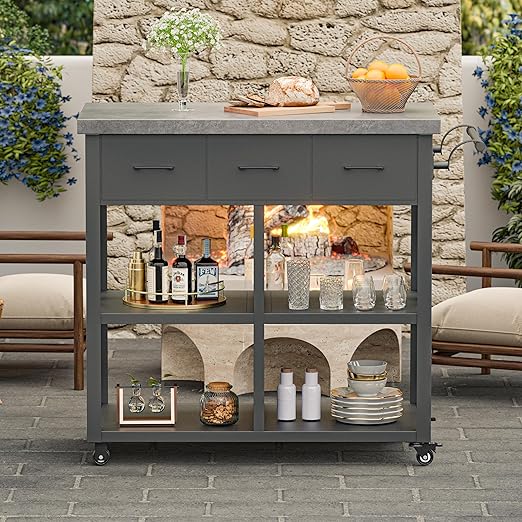 39" Outdoor Grill Table with 3 Drawers and Marble-Textured Top