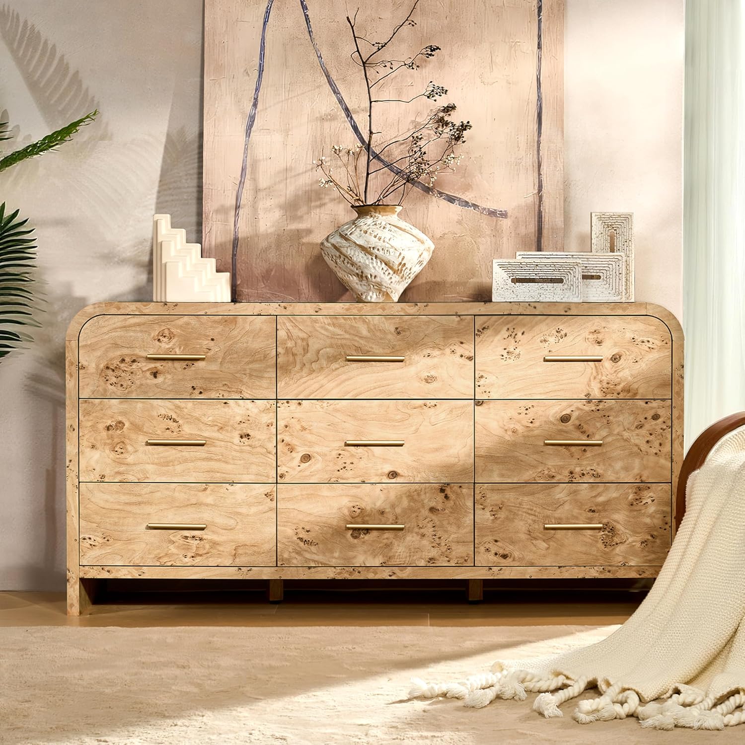 Curved 9-Drawer Dresser 63 Inch Wide Modern Chest Dark Burl
