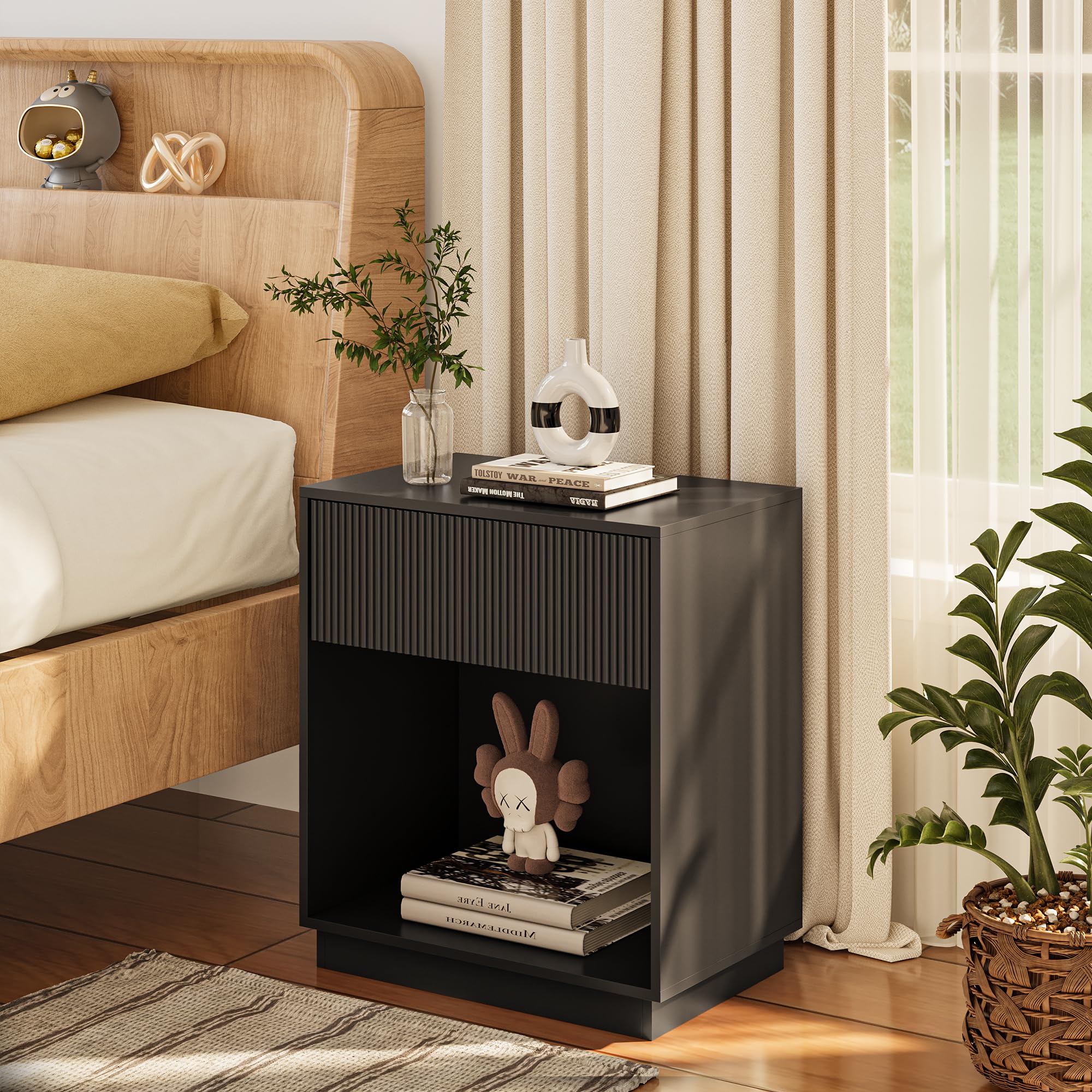Fluted Nightstands Set of 2 with Drawer and Storage Shelf