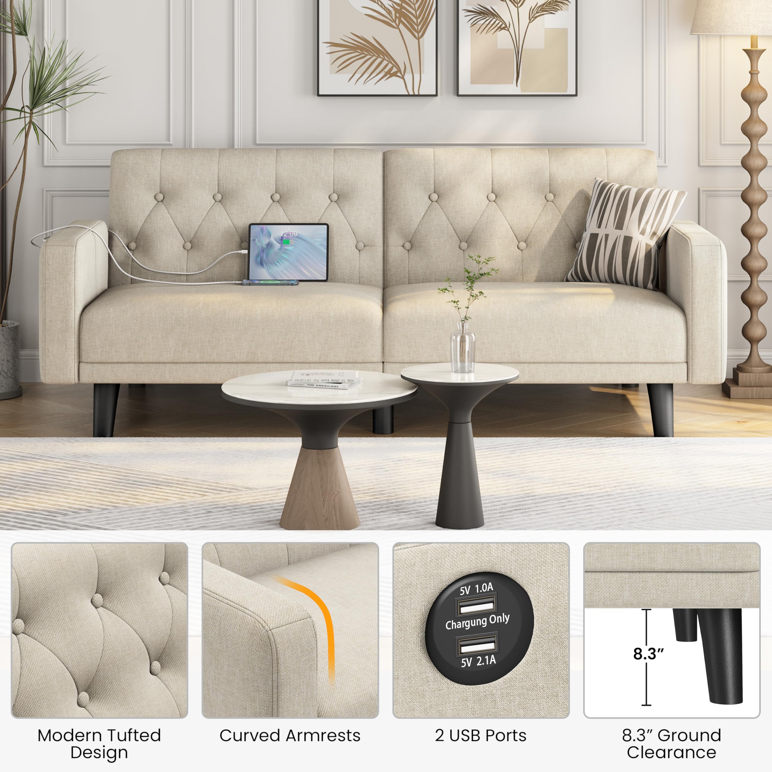 63" Convertible Futon Sofa Bed with USB Ports