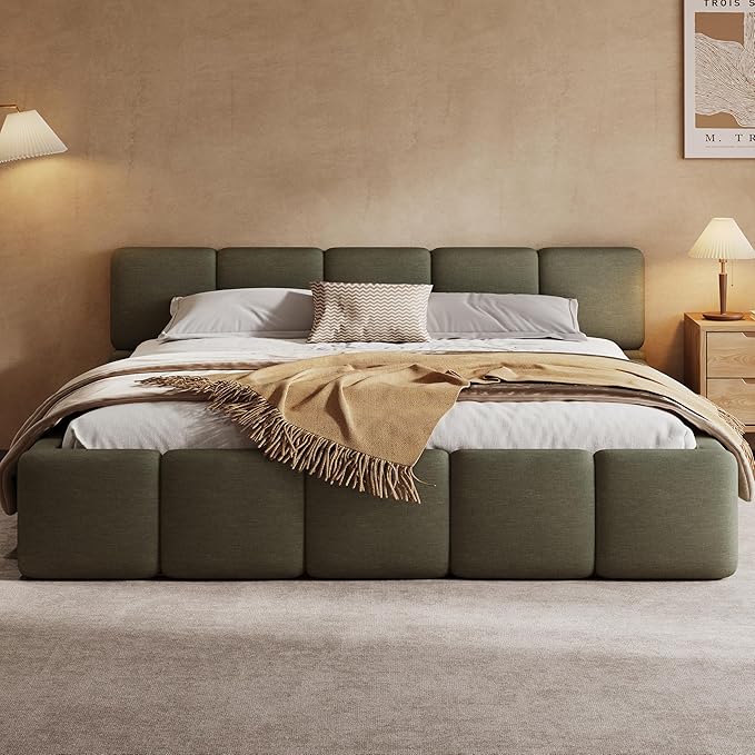King Size Boucle Platform Bed with Thick Headboard