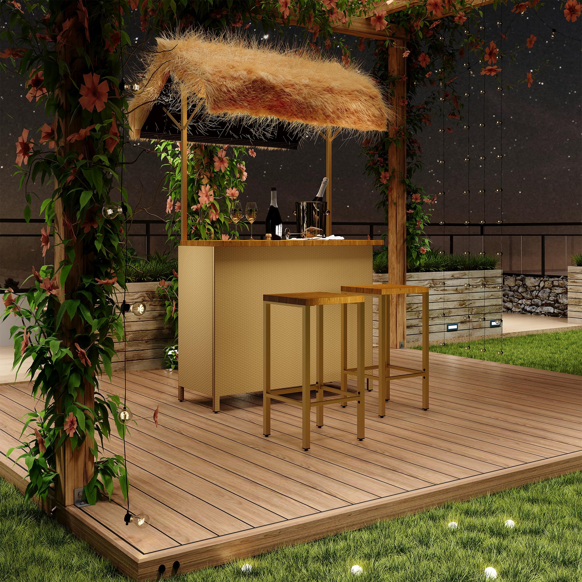 Phuket Patio Tiki Bar Set with Tempered Glass Top
