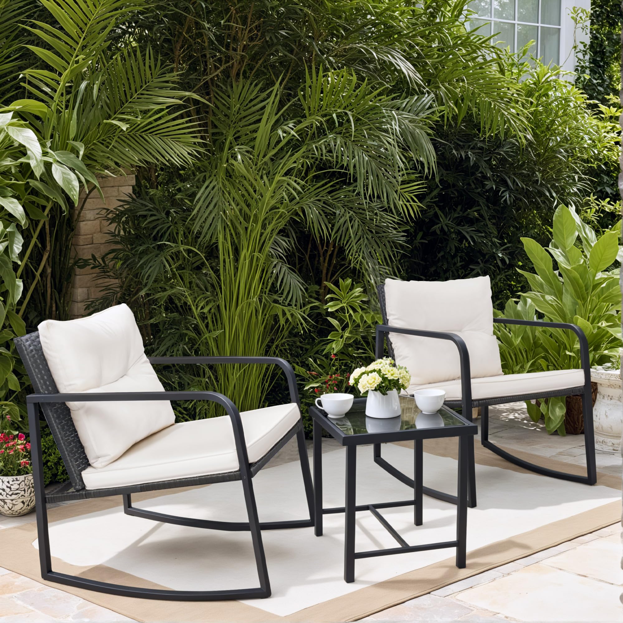 3 Pieces Rocking Wicker Bistro Set with Glass Coffee Table
