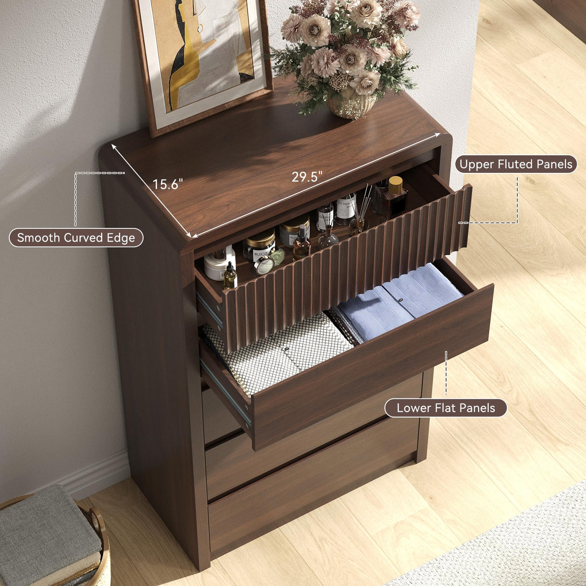48" Fluted 5-Drawer Dresser with Curved Profile and Handleless Design