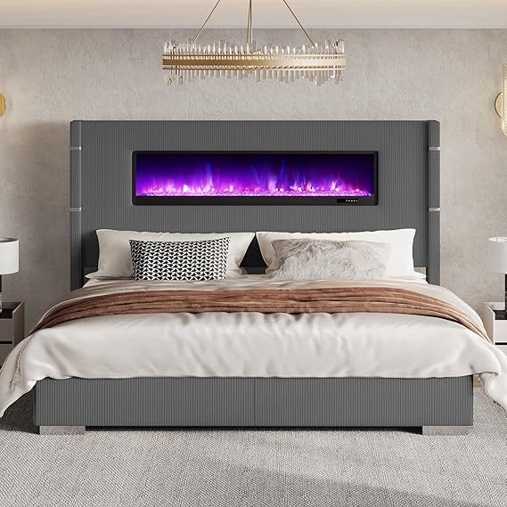 Queen Upholstered Platform Bed Frame with Fireplace and Tall Wingback Headboard