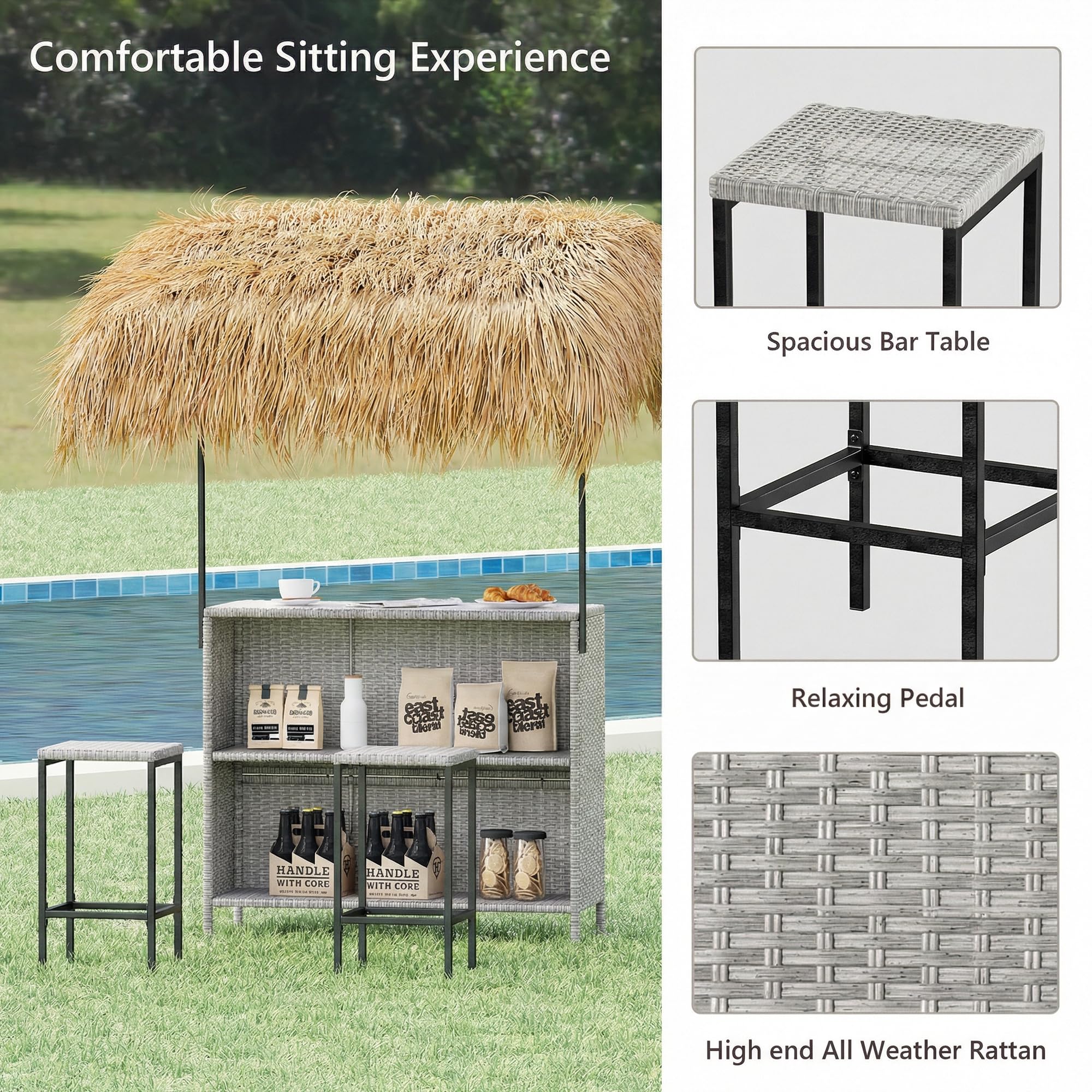 Tiki Bar Outdoor Patio Set with Tempered Glass Top