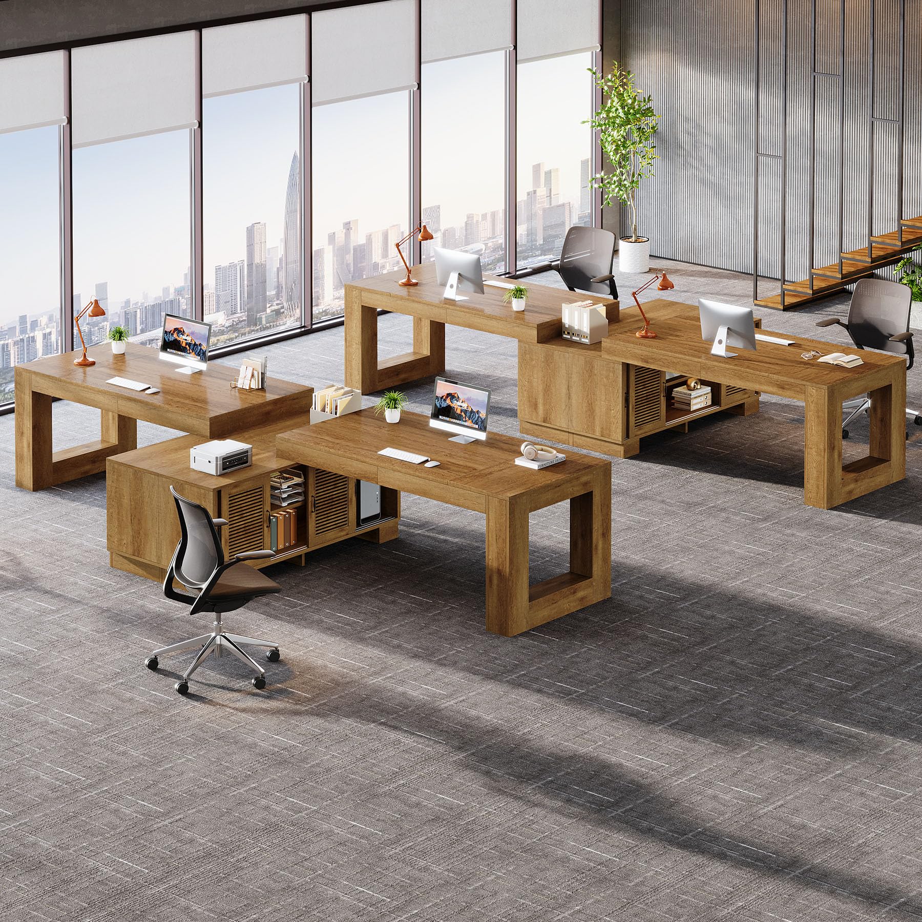 L-Shaped Executive Desk with Storage Cabinets and Shelf