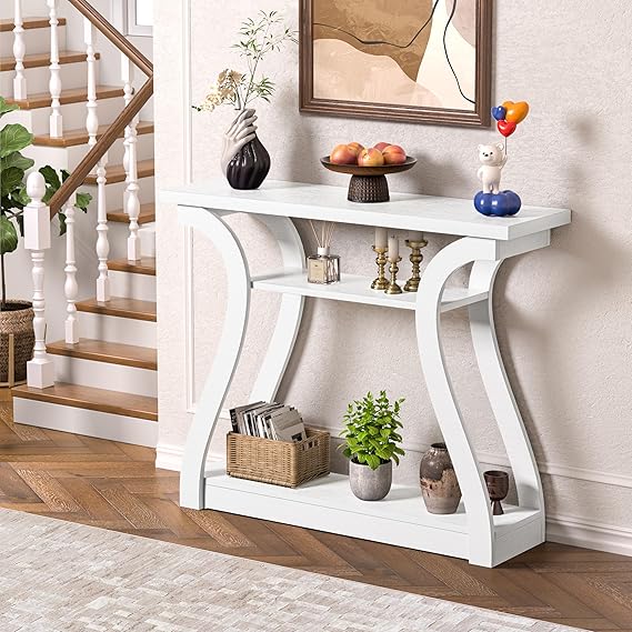 Wooden Console Table with Curved Legs - 3-Tier Modern Accent Sofa Table