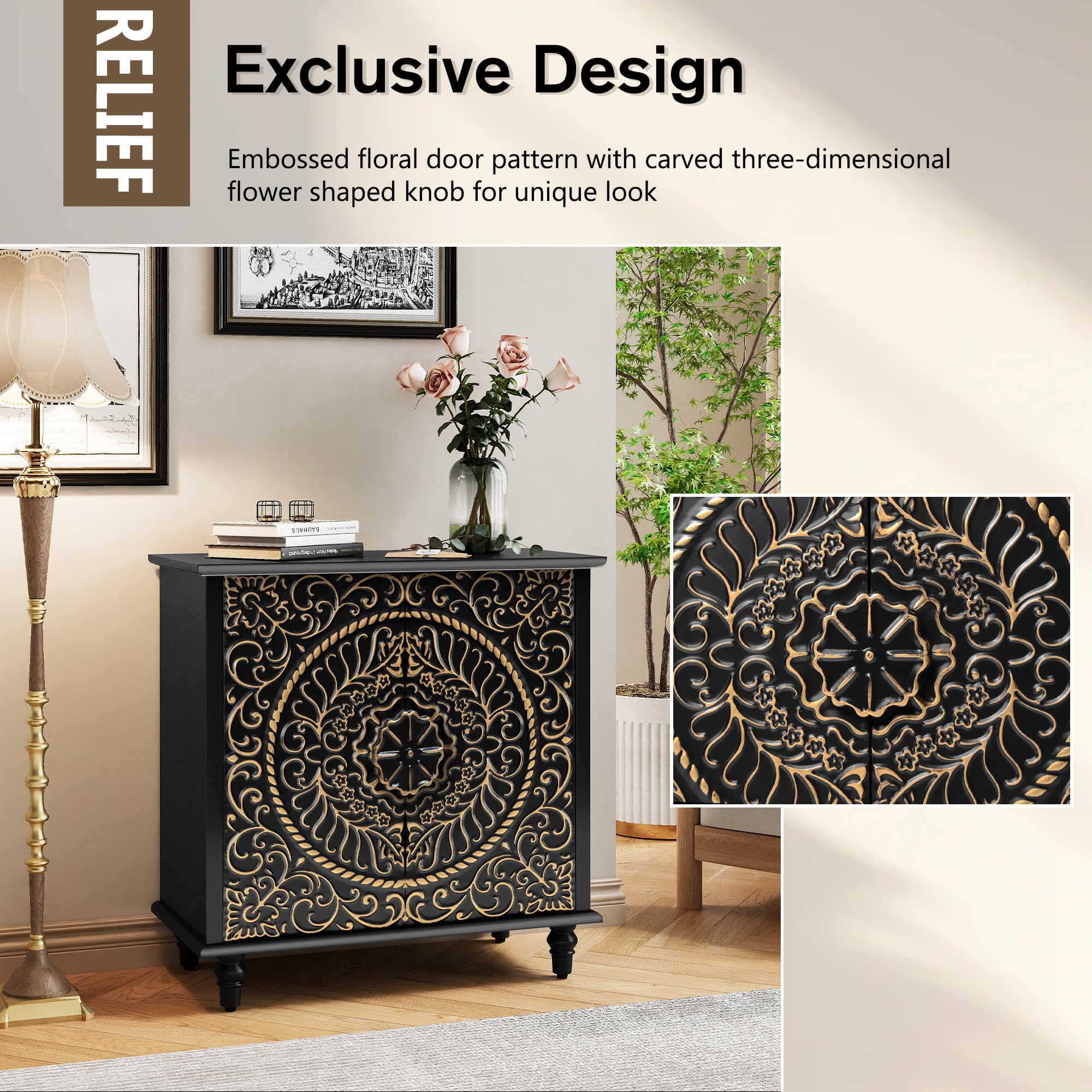 Decorative Accent Storage Cabinet with Carved Flower Pattern