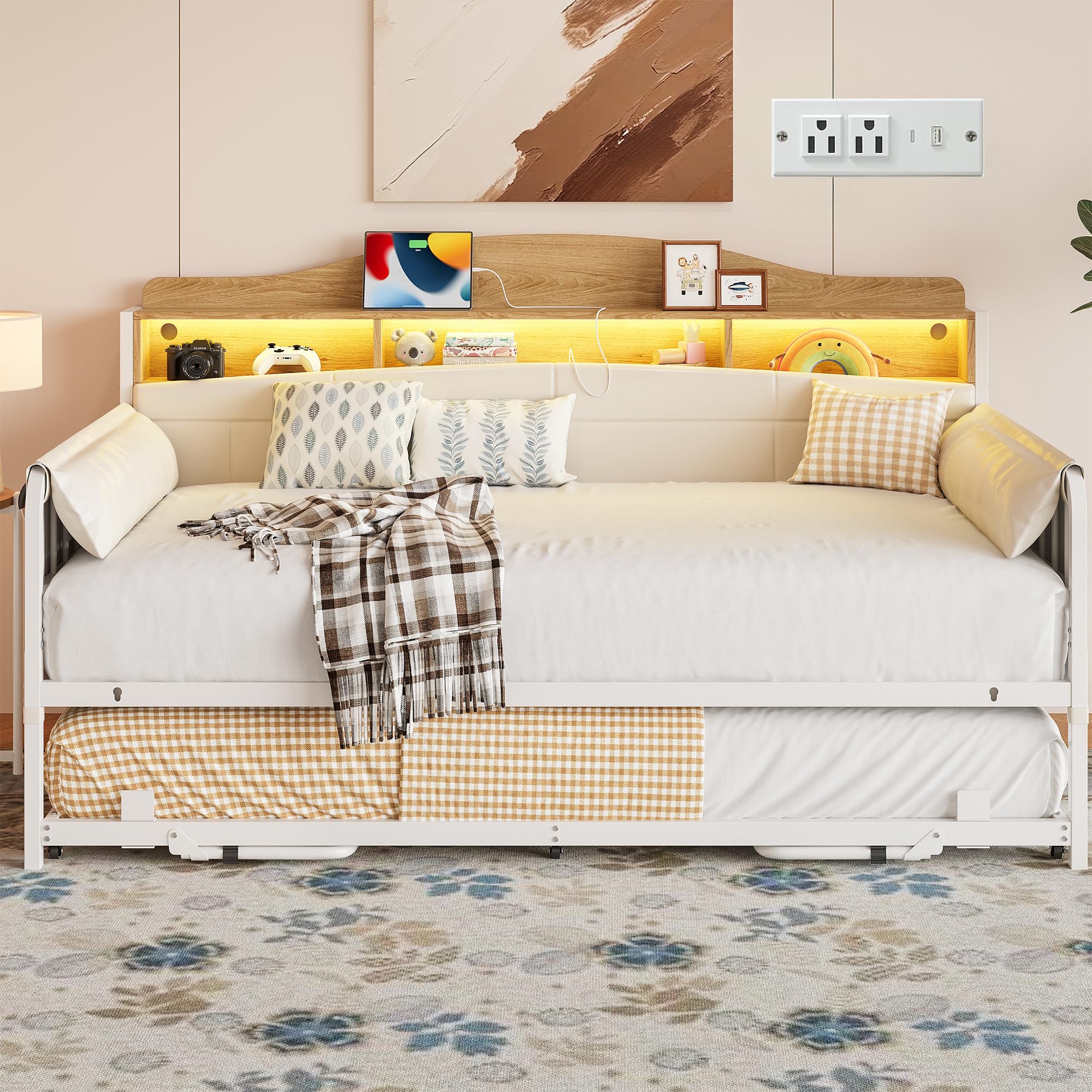 Twin Daybed with Trundle and Bookcase Headboard