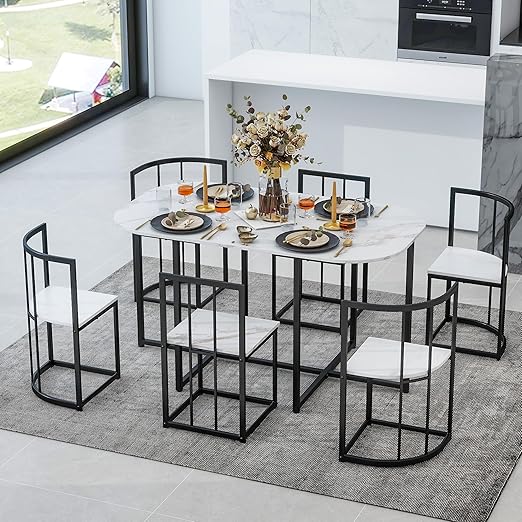 Modern Dining Table Set for 6 with Faux Marble Tabletop
