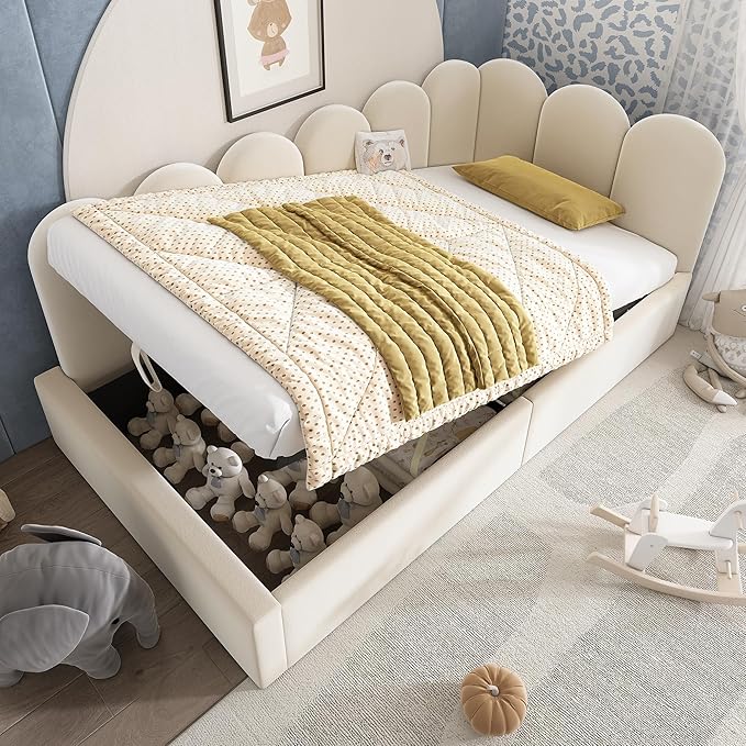 Modern Velvet Upholstered Twin Bed Frame with Hydraulic Storage