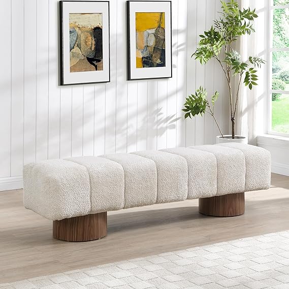 64" Boucle Dining Bench - Upholstered Ottoman Seat