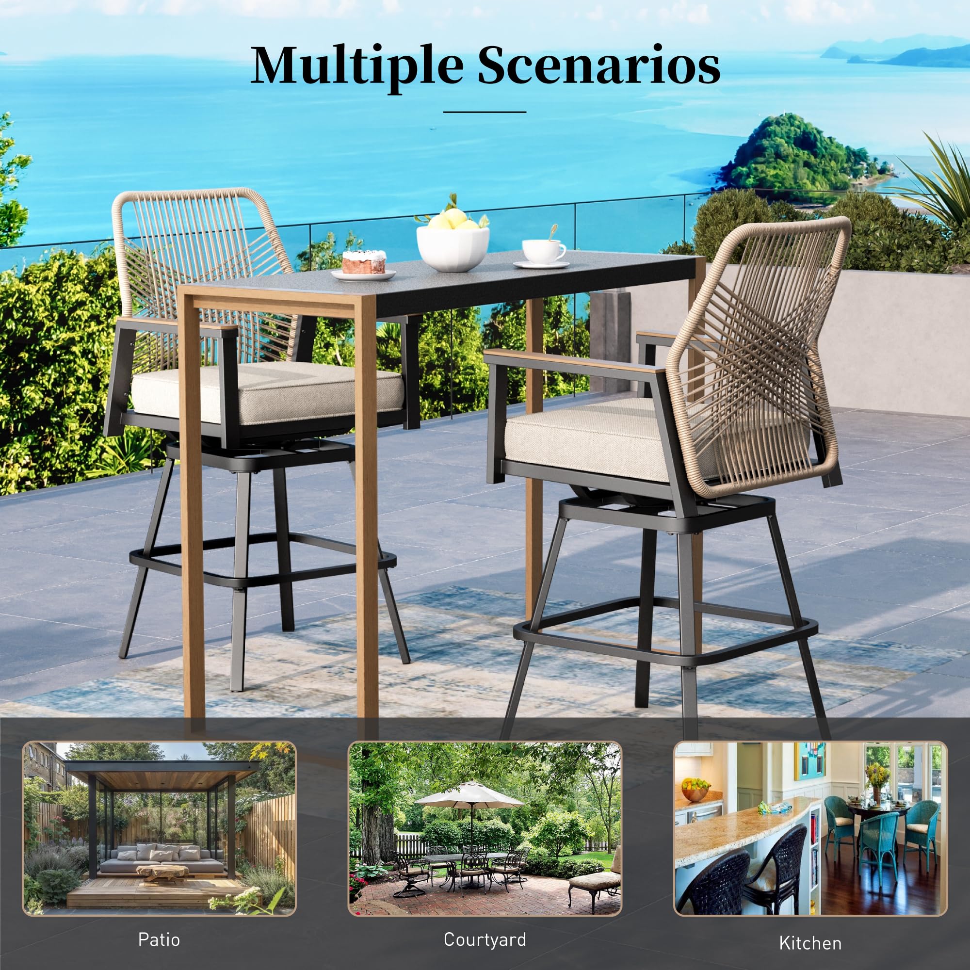 SUNSHINE VALLEY Outdoor Swivel Bar Stools Set of 4, Rattan High Top Patio Chairs with Waterproof Cushion and Armrest, All-Weather Bar Height Furniture for Outside Patio Balcony and Pool, Beige