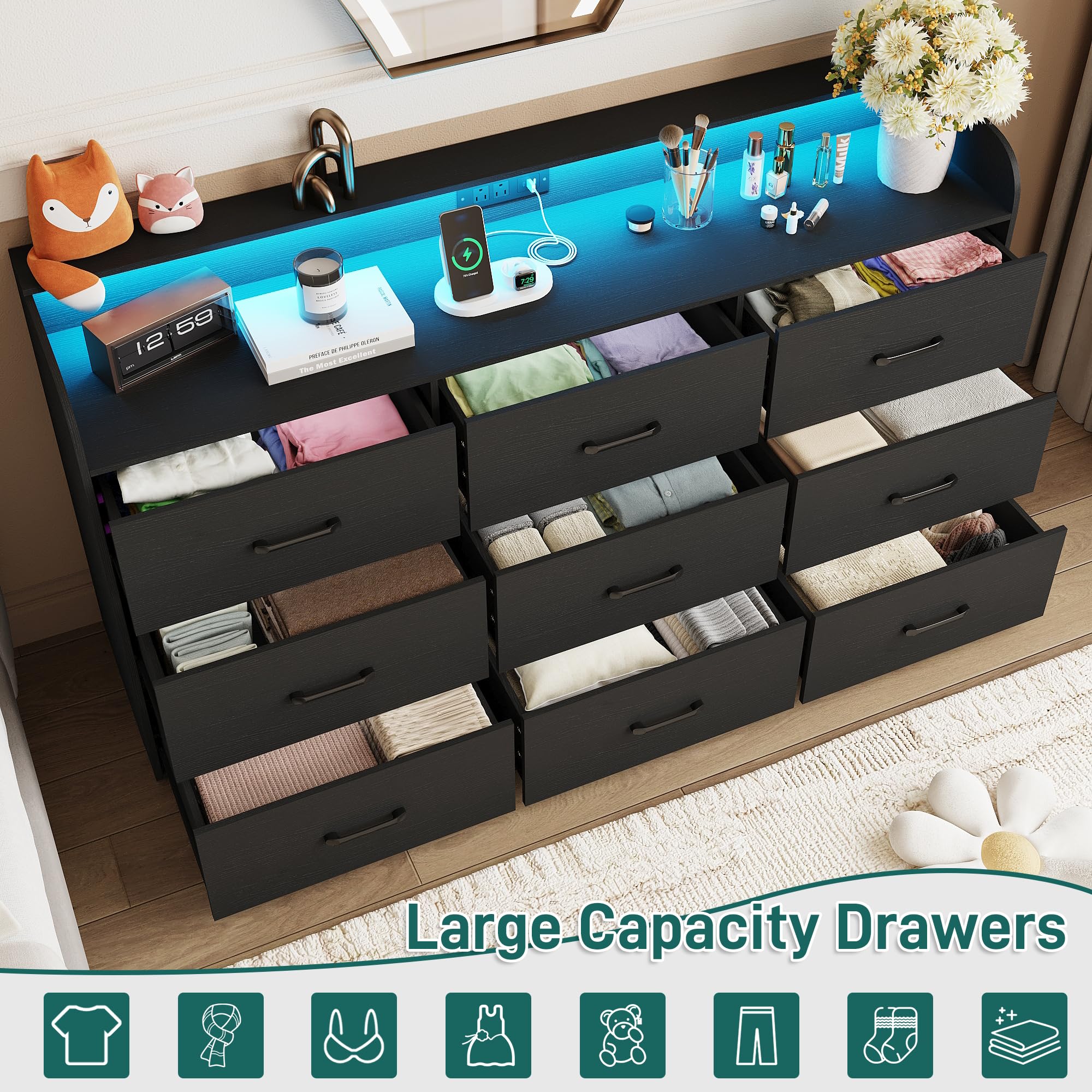 9-Drawer Dresser with Power Outlet and LED Lights