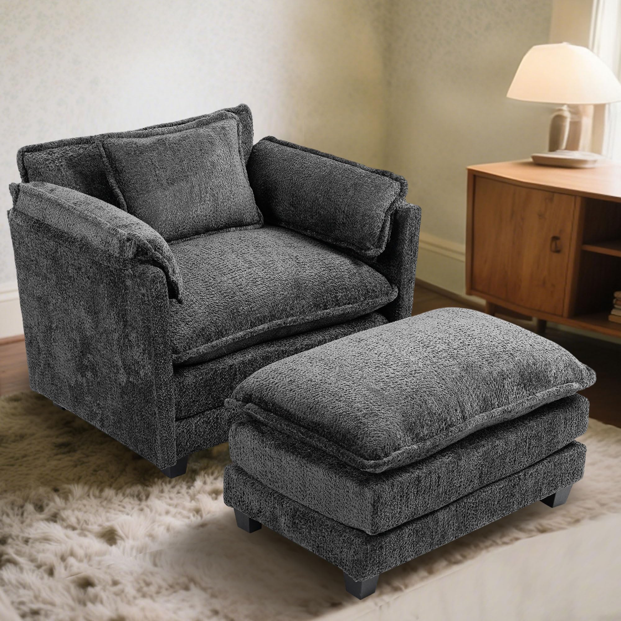 KEIKI Boucle Oversized Reading Chair with Storage & Ottoman, 40" W Modern Accent Chair W/Double Deep Cushion Seating, Comfy Upholstered Single Sofa Lounge Armchair for Living Room, Bedroom, Drak Grey