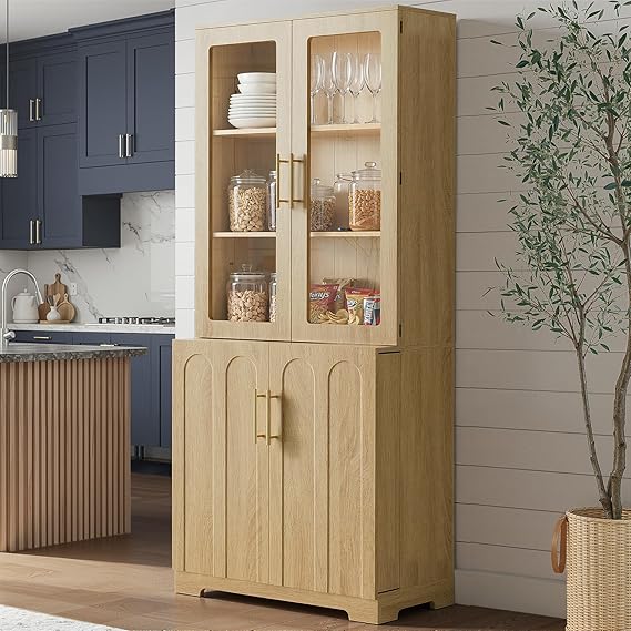 Tall Pantry Cabinet with Glass Doors 77" Kitchen Storage