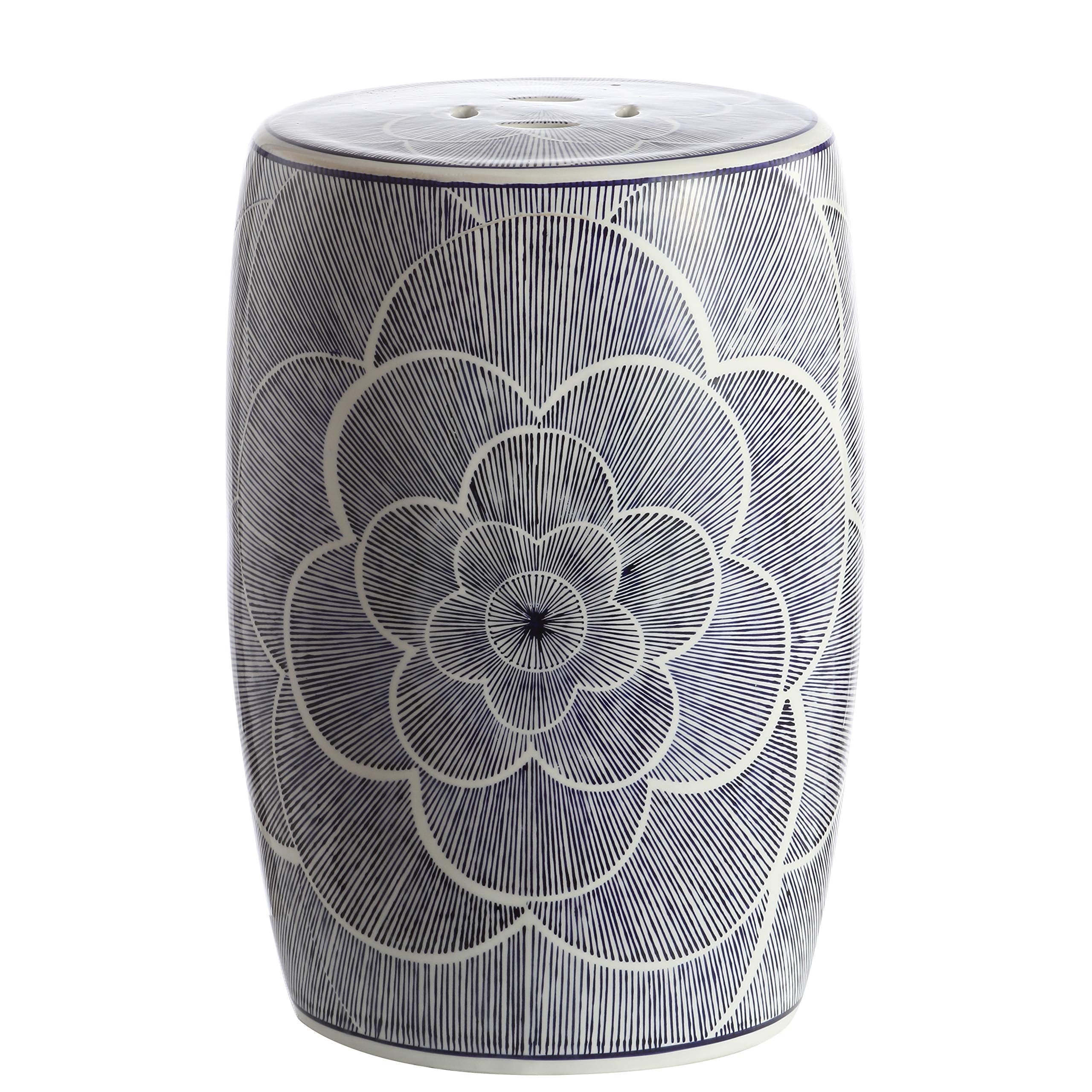 Ceramic Drum Garden Stool 17" Blue White Floral